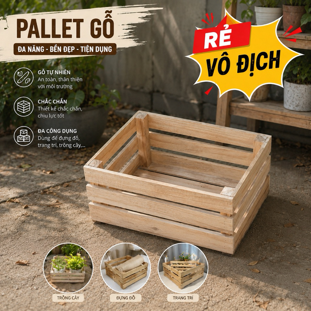 Rẻ Vô Địch – Thùng Gỗ Pallet Gỗ Keo Decor Đa Năng Cao Cấp