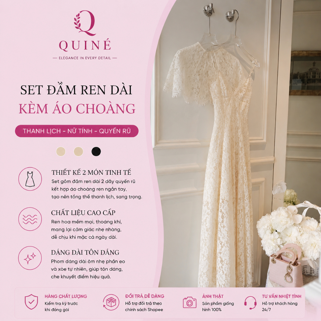 Set Đầm Ren Dài Kèm Áo Choàng QUINÉ – Váy Ren Nữ Cao Cấp Phong Cách Tiểu Thư Thanh Lịch Đầm Dự Tiệc Sang Trọng Tôn Dáng
