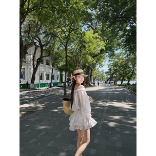 Váy Tơ Bèo Tầng Trễ Vai Chun Eo Chuẩn Linh Hoàng