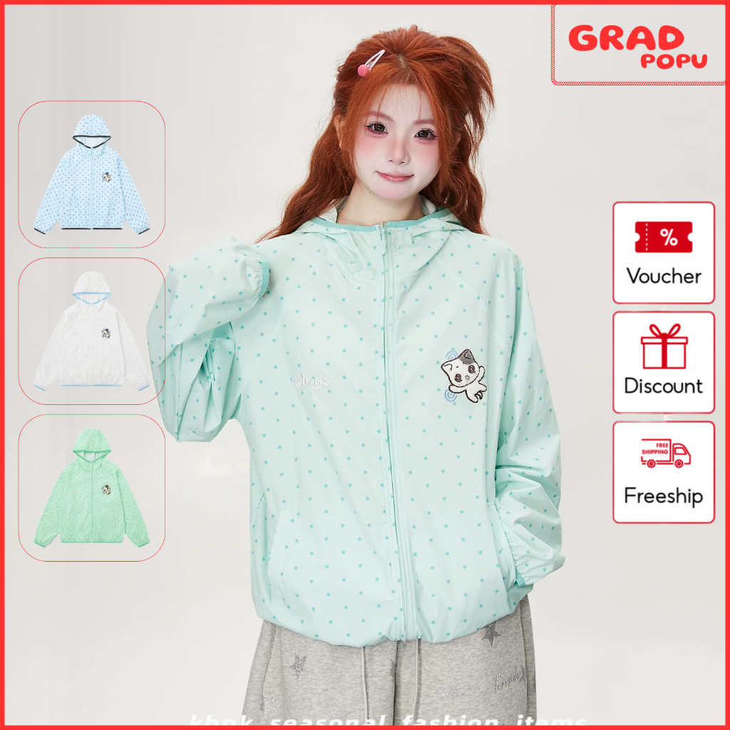 Áo khoác chống nắng nữ GRADPOPU có mũ họa tiết chấm bi thêu gấu khóa kéo chống tia UV form rộng KN13