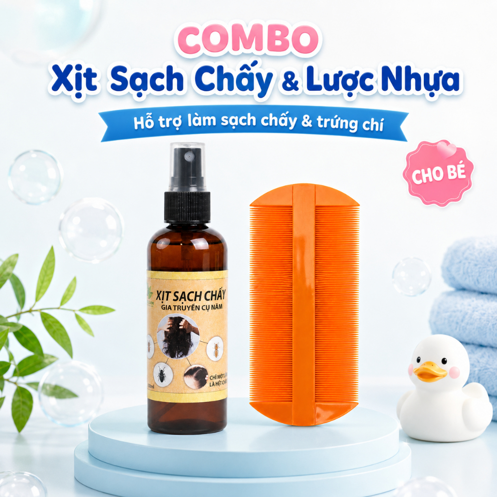 Combo Xịt Sạch Chấy Gia Truyền Cụ Năm & Lược Bí Nhựa - Hỗ Trợ Sạch Chấy, Trứng Chí Cho Bé