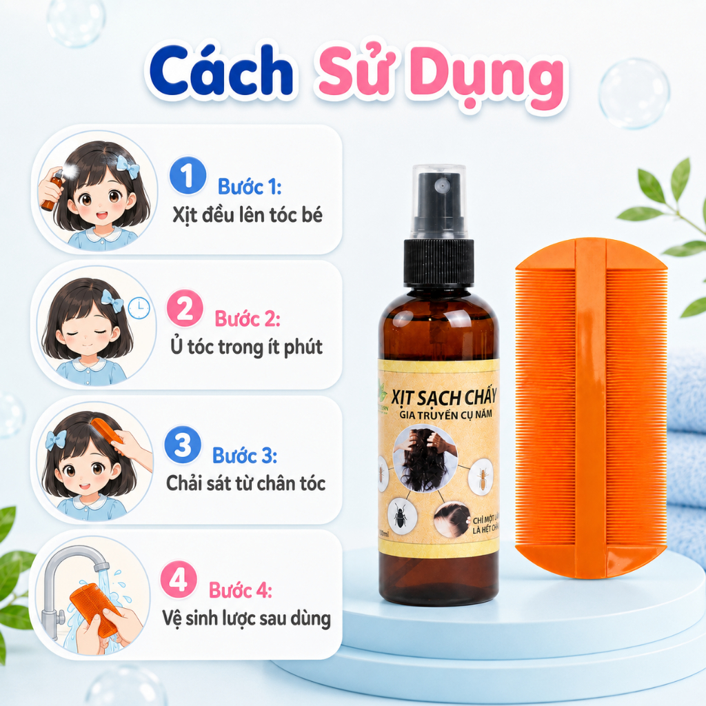 Combo Xịt Sạch Chấy Gia Truyền Cụ Năm & Lược Bí Nhựa - Hỗ Trợ Sạch Chấy, Trứng Chí Cho Bé