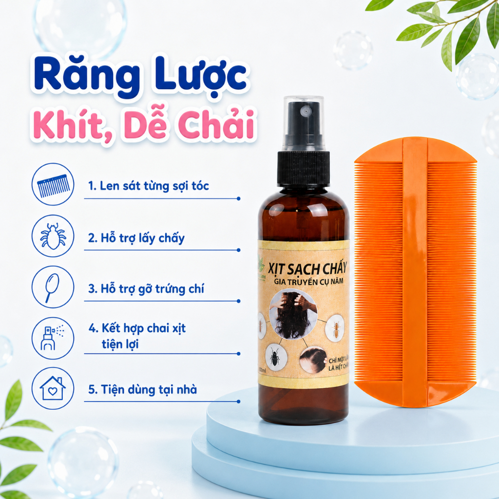 Combo Xịt Sạch Chấy Gia Truyền Cụ Năm & Lược Bí Nhựa - Hỗ Trợ Sạch Chấy, Trứng Chí Cho Bé