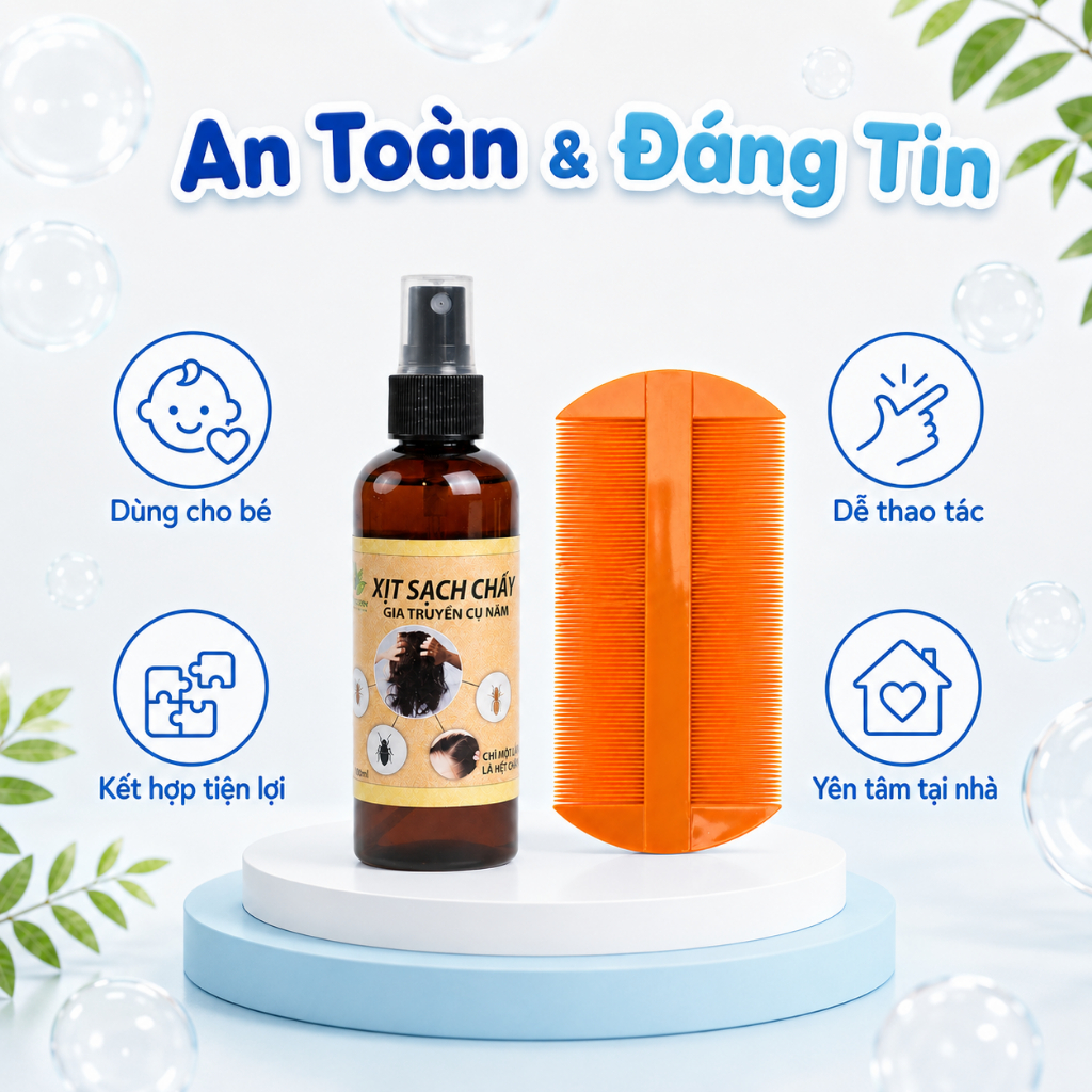 Combo Xịt Sạch Chấy Gia Truyền Cụ Năm & Lược Bí Nhựa - Hỗ Trợ Sạch Chấy, Trứng Chí Cho Bé