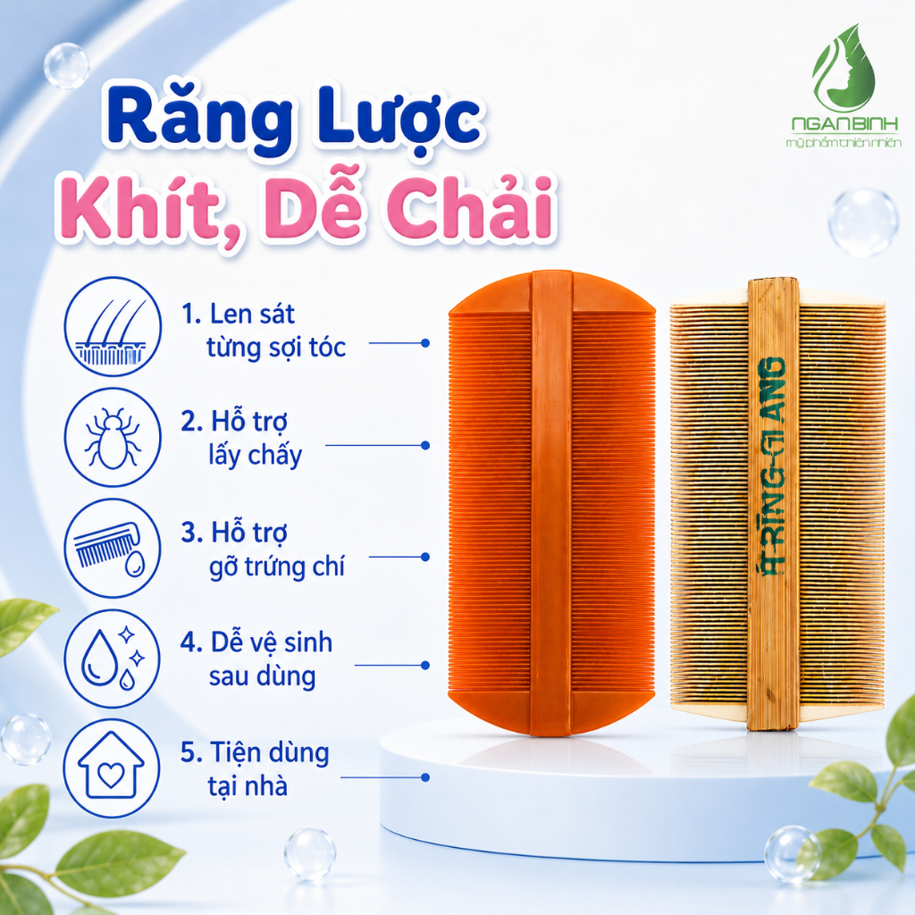 [Combo 2 Chiếc] Lược Bí Tre Và Lược Bí Nhựa Chải Chấy Ngân Bình Cho Bé - Tự Nhiên, An Toàn