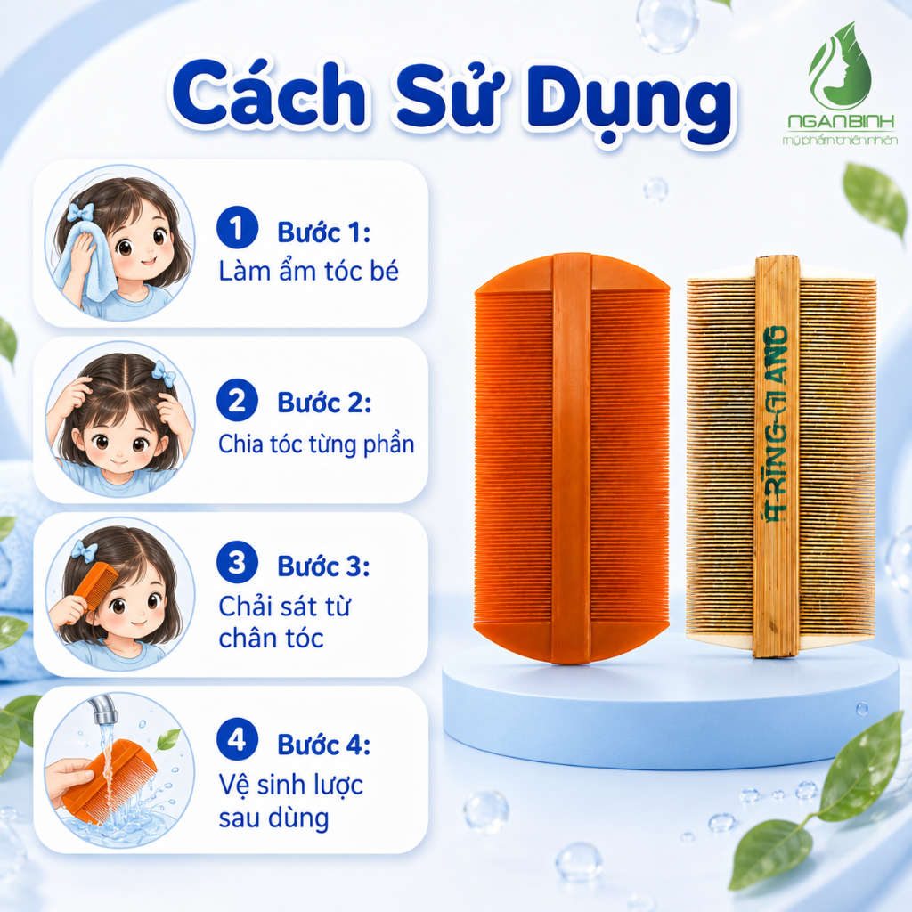 [Combo 2 Chiếc] Lược Bí Tre Và Lược Bí Nhựa Chải Chấy Ngân Bình Cho Bé - Tự Nhiên, An Toàn