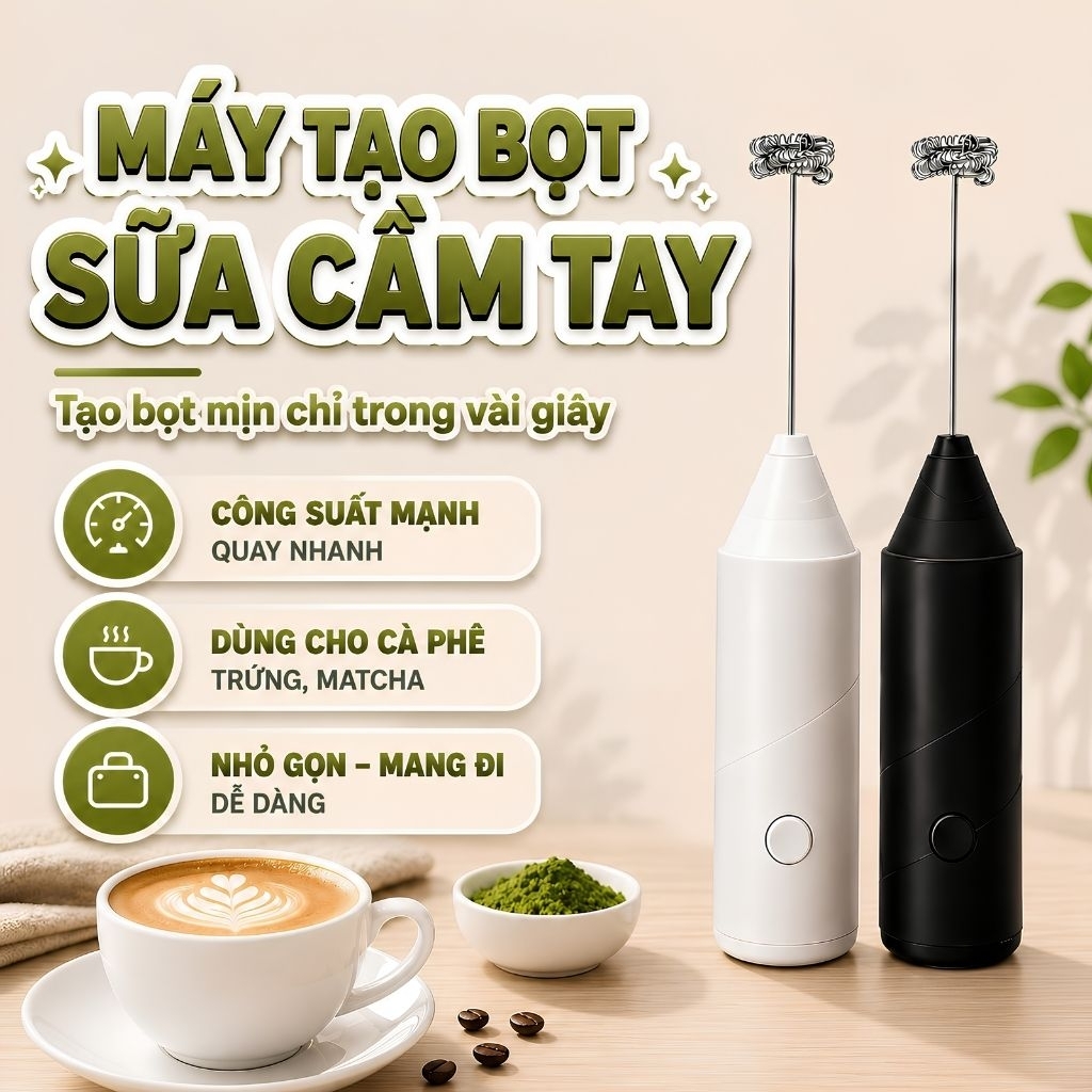 Máy Đánh Bọt Sữa & Trứng Mini Cầm Tay VÒM DECOR –Tạo Foam Mịn Nhanh, Động Cơ Mạnh Mẽ, Pha Café, Matcha,Sữa Tươi Tiện Lợi