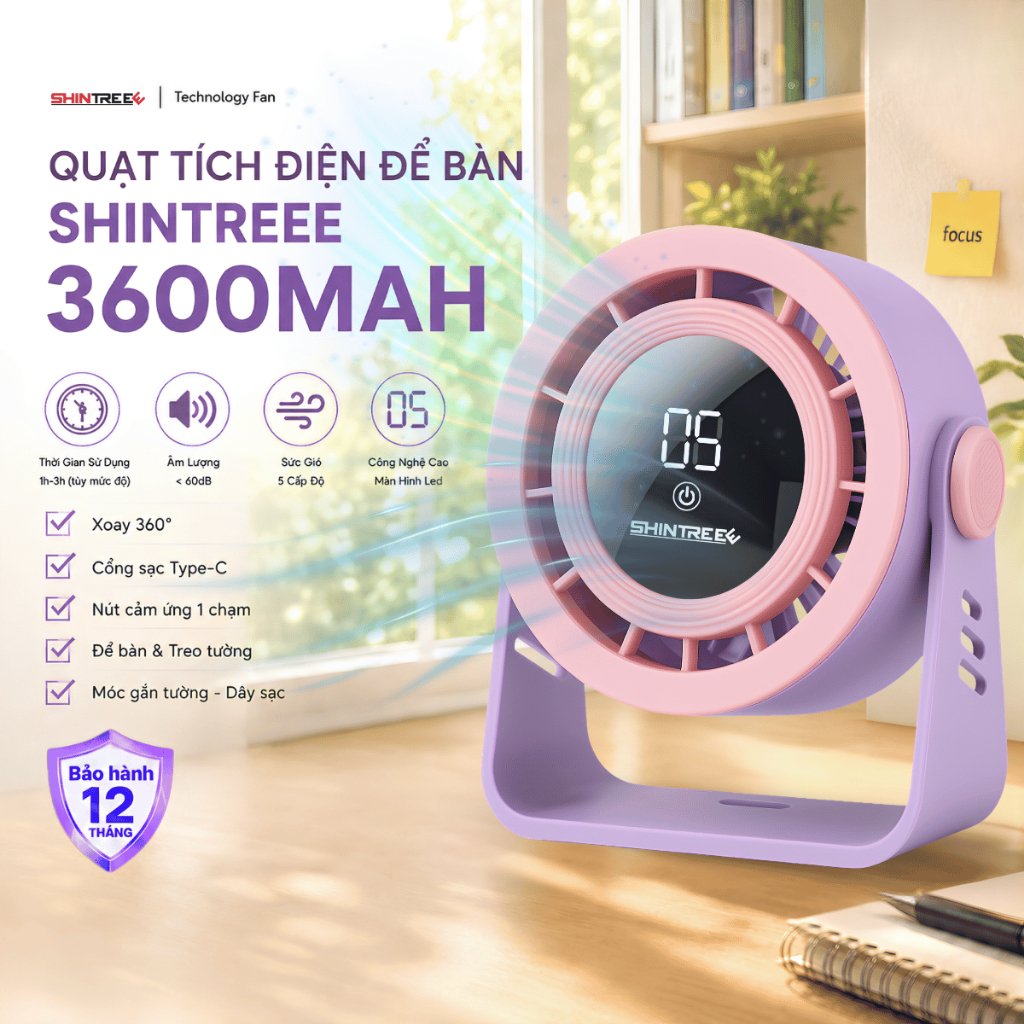 [TẶNG QUÀ] Quạt Để Bàn Mini SHINTREEE 3600mAh 5 Mức Độ Gió Màn Hình Số Bảo Hành 12 Tháng