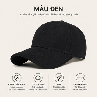 Mũ Lưỡi Trai Nam/Nữ Unisex Cotton 100% Form Chuẩn Ôm Đầu -Khóa Kim Loại Cao Cấp