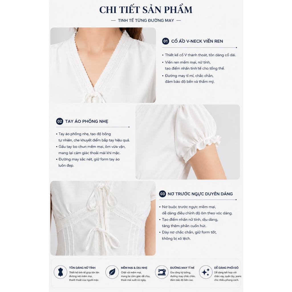 Áo Kiểu Nữ Gmorning - GUMAC Form Ôm Cổ V Tay Ngắn Nhún Ngực Phối Viền Ren Dịu Dàng Sang Trọng YAG06005