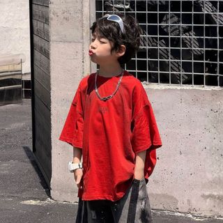 Áo Thun T-Shirt Bé Trai Đỏ Loang Đen Thêu Chữ Trước Ngực Mellow Duck (4-13 Tuổi) B2606014
