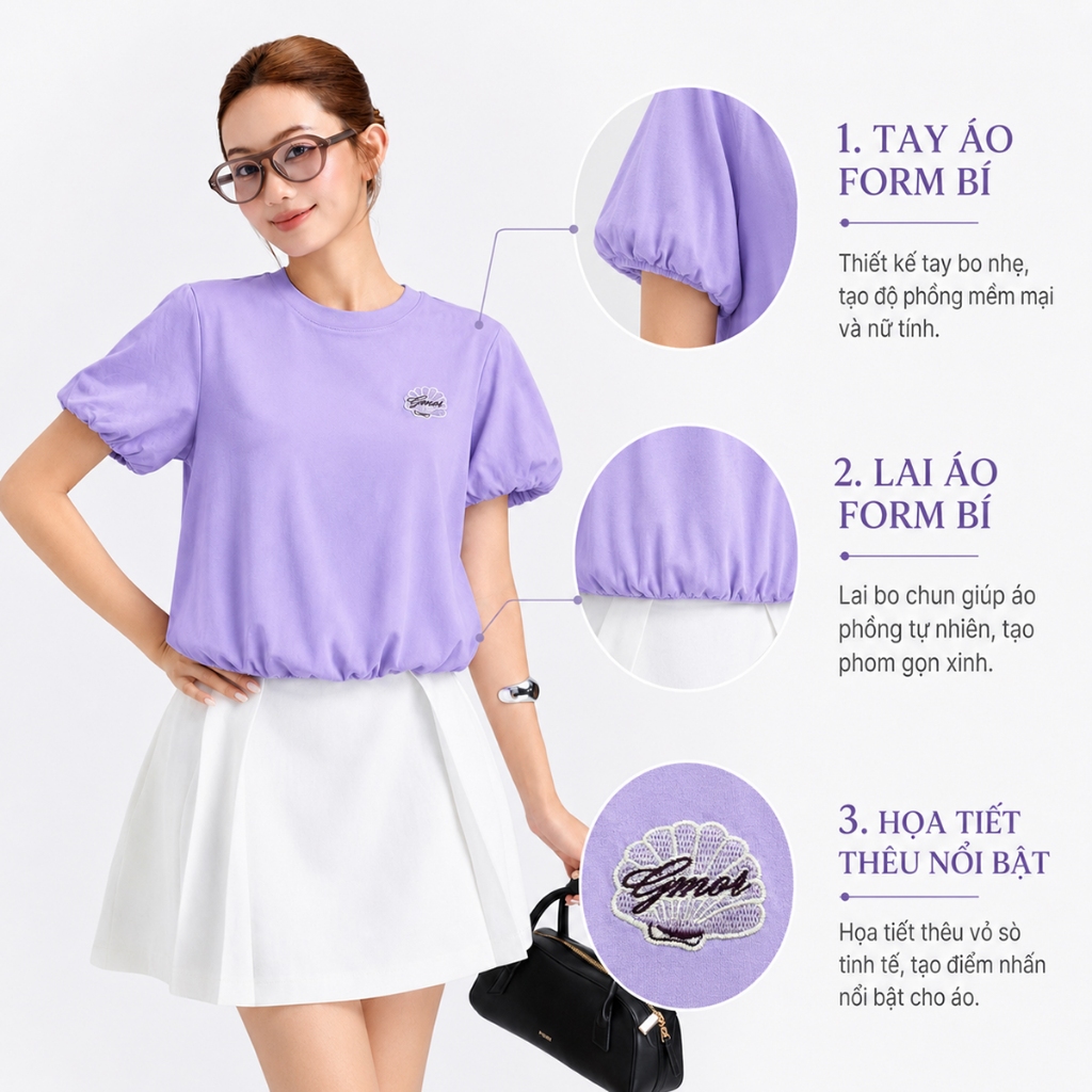 Áo Thun Nữ Gmorning - GUMAC Form Bí Cổ Tròn Hình Thêu Trước Ngực Tinh Tế Nổi Bật YATG06002