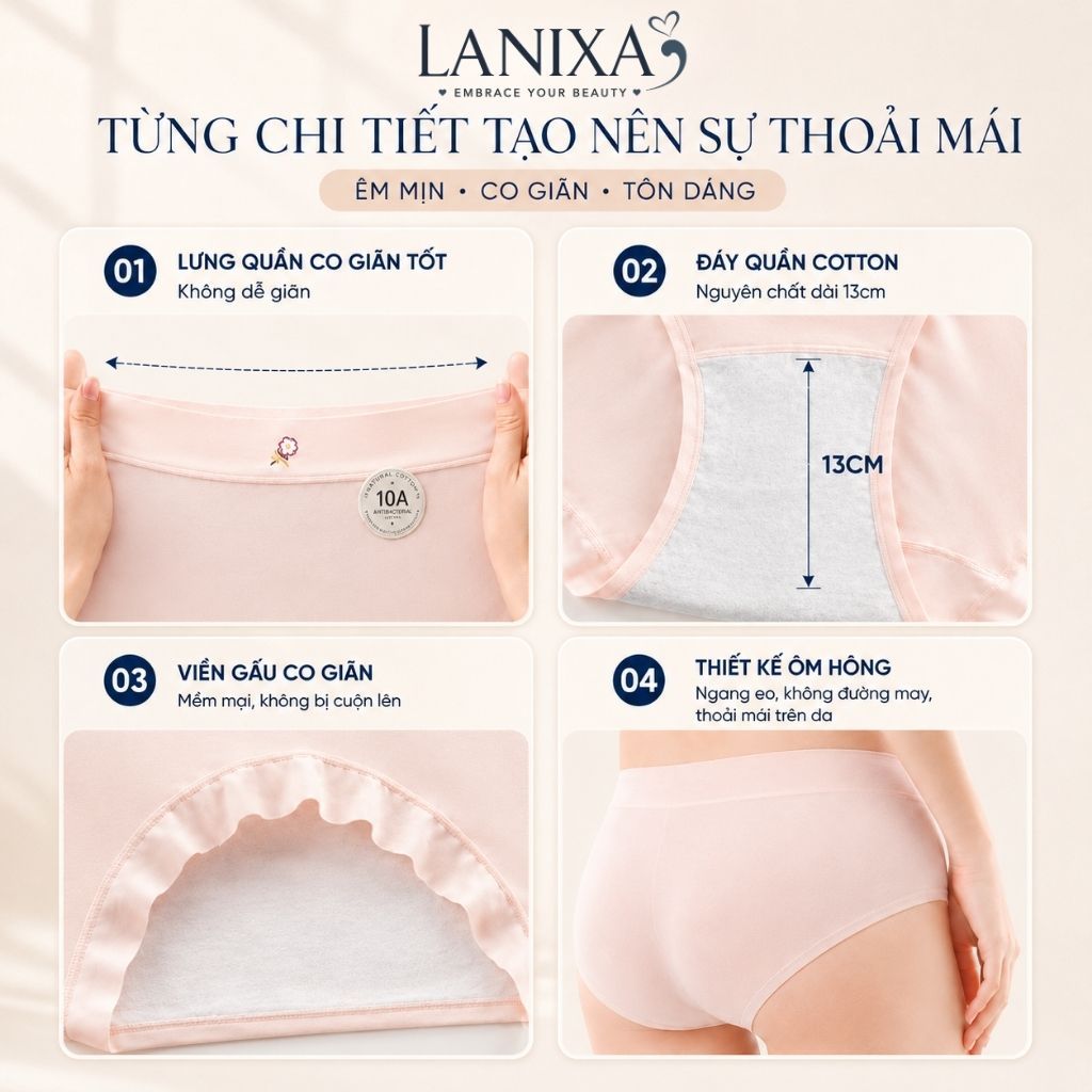Quần Lót Cotton Cạp Cao Ôm Mông Êm Ái, Quần Chip Nữ Đáy May Thấm Hút Kháng Khuẩn LANIXA L6017