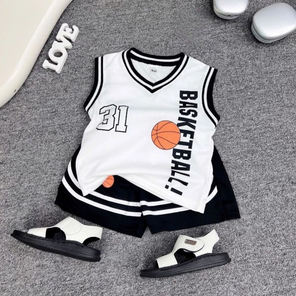 Bộ Quần Áo Thể Thao Bóng Rổ Cho Bé Trai Bé Gái Gumiho Kids - Set Ba Lỗ Sát Nách Vải Thun Lưới Mè Mát Lạnh In Số 31 Baske