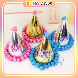 Nón Chóp Sinh Nhật Happy Birthday, Mũ Đội Tiệc Phối Ren Có Chóp Bông Phong Cách Hàn Quốc Đáng Yêu Cho Bé DUHA 081