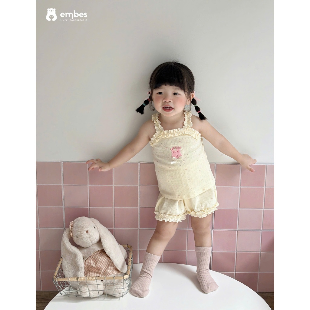 Bộ Hai Dây Cộc Cho Bé Embes, Combo 2 Bộ Hai Dây Chất Cotton Mềm Mại Cho Bé Gái Size Từ 8-18kg