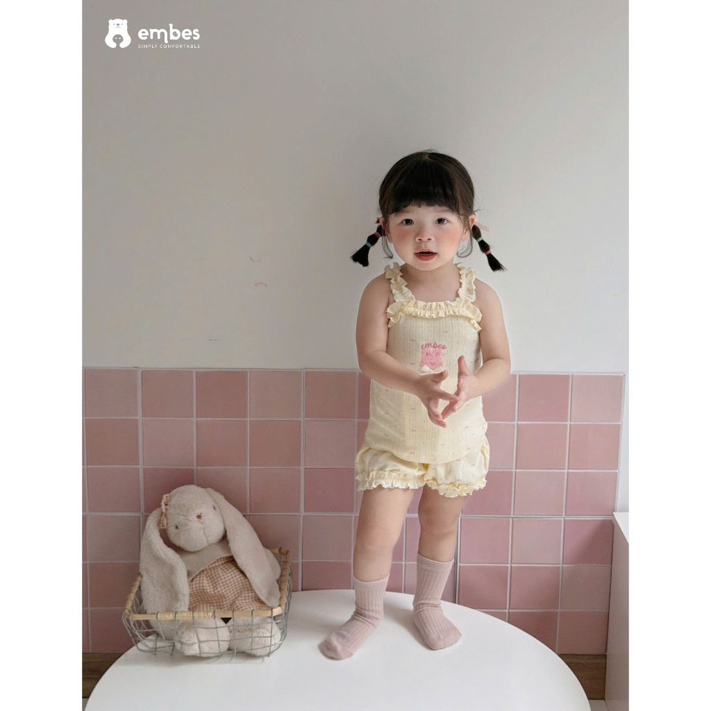 Bộ Hai Dây Bé Gái Embes, Bộ Cộc Hai Dây Thỏ Nhún Viền Bèo Chất Thông Hơi Cho Bé Gái Size Từ 8-18kg