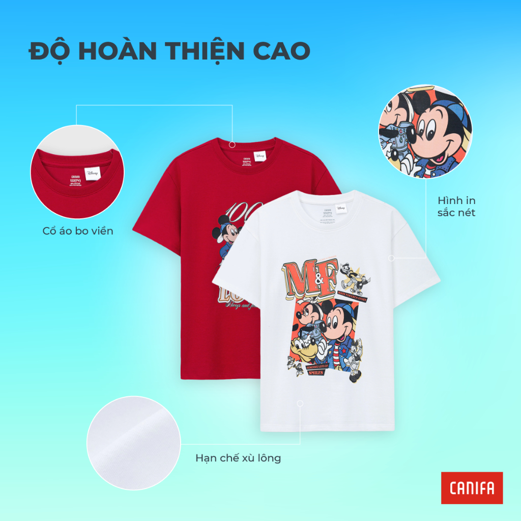 Áo phông unisex trẻ em CANIFA cổ tròn cộc tay chất cotton in hình Mickey PS26 3TS26S003