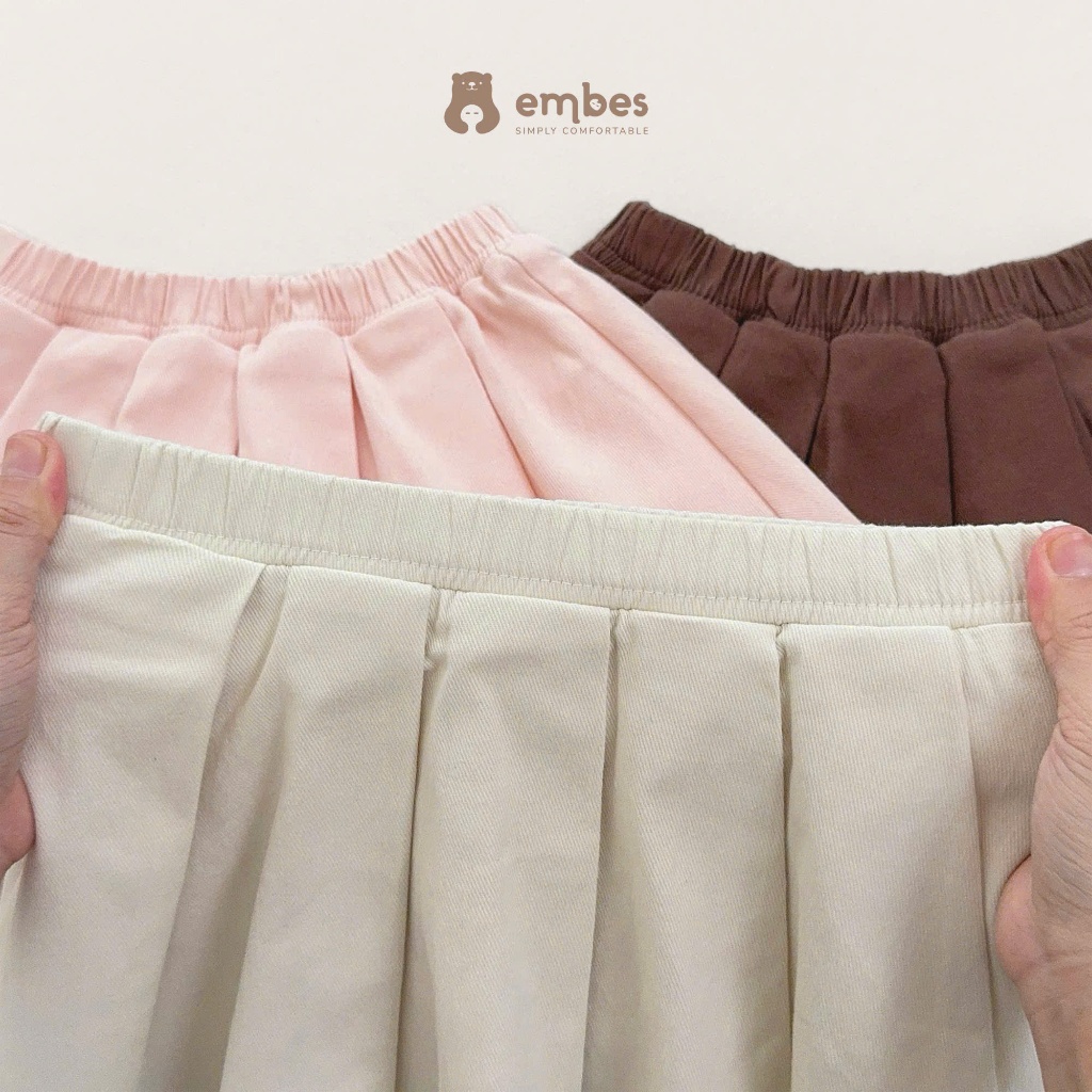 Váy Bé Gái Embes, Chân Váy Xếp Ly Dáng Tennis Thêu Họa Tiết Nơ Chất Cotton Mềm Cho Bé Gái Từ 8-18Kg