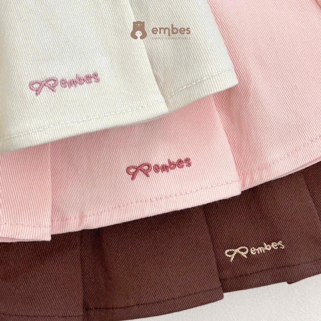Váy Bé Gái Embes, Chân Váy Xếp Ly Dáng Tennis Thêu Họa Tiết Nơ Chất Cotton Mềm Cho Bé Gái Từ 8-18Kg