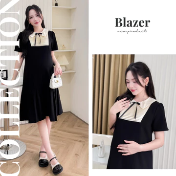 Váy bầu công sở đuôi cá dáng suông , đầm bầu thiết kế cổ bèo xếp ly ngực dây nơ ngọc cách điệu siêu xinh đầm bầu Elly