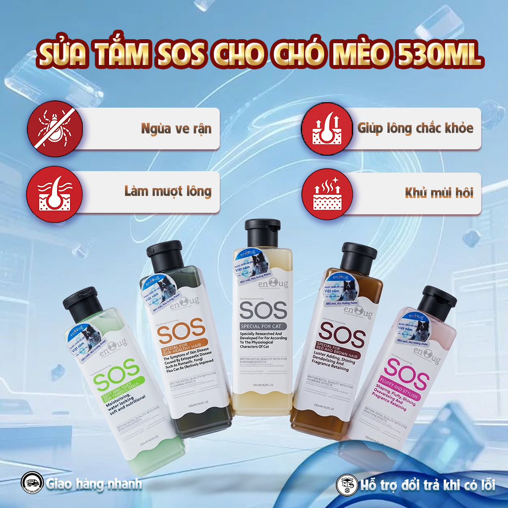 Sữa tắm SOS chó mèo, sữa tắm cho chó Enoug SOS thơm lâu ngừa ve rận dưỡng mượt lông 530ml