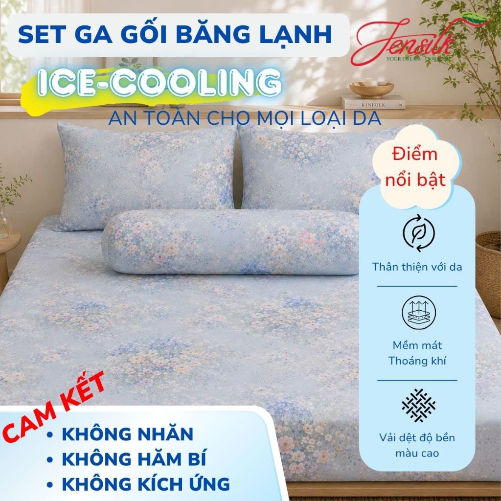 SET ga gối lạnh không chăn ICE-COOLING CAO CẤP 2026 họa tiết, mát lạnh, thoáng khí, không nhăn