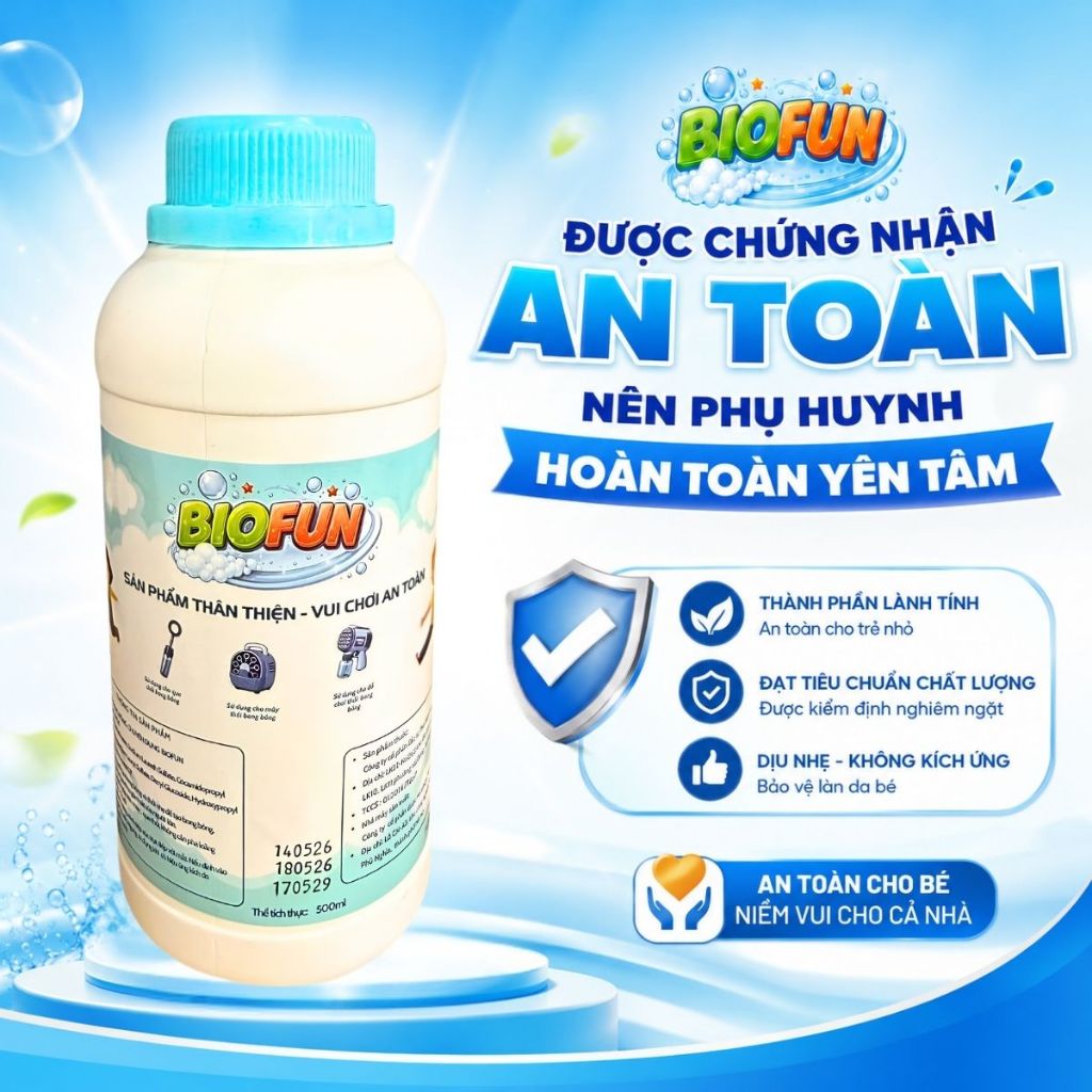 Nước thổi bong bóng xà phòng sinh học Biofun 500ml an toàn cho bé sử dụng cho mọi loại súng máy que thổi bubble