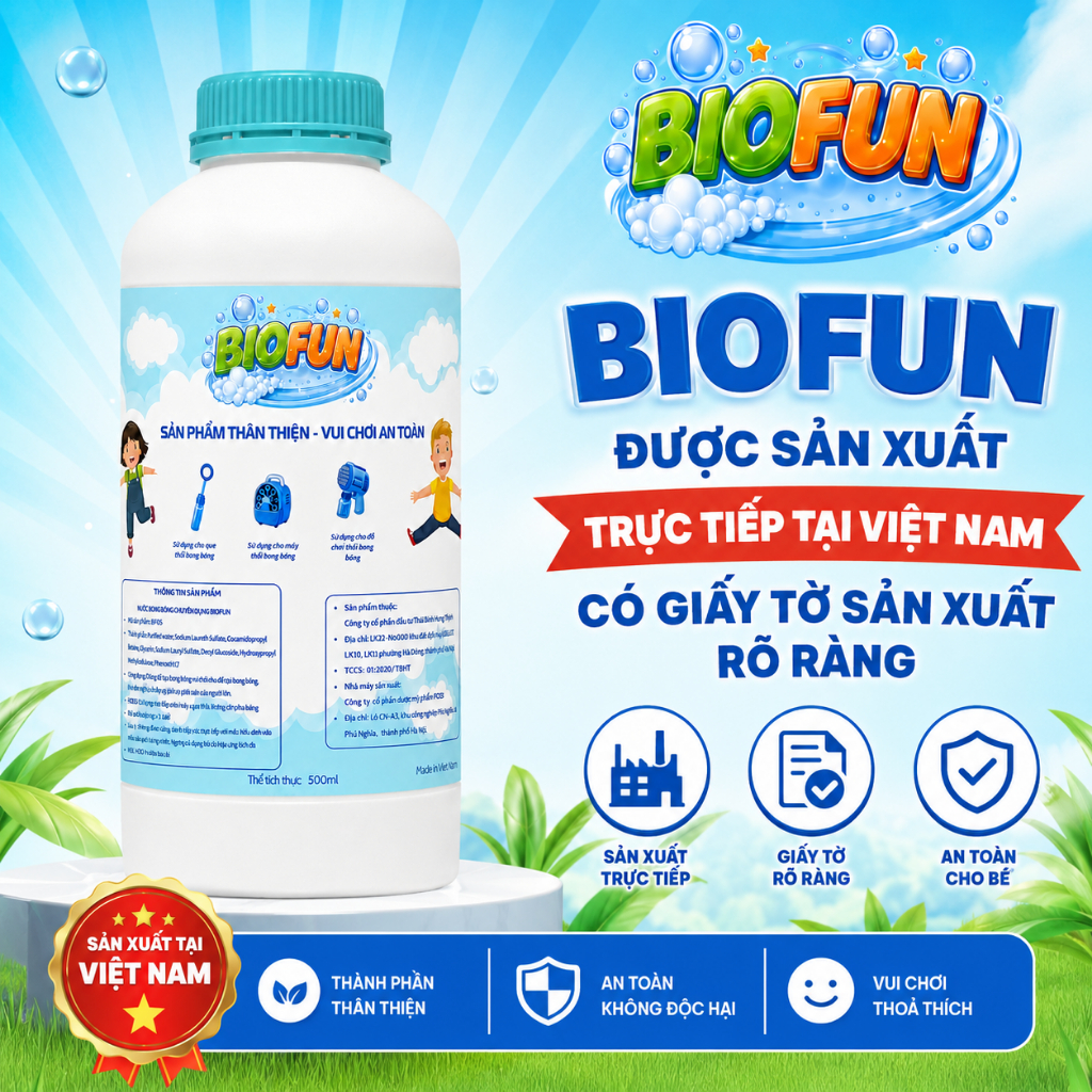 Nước thổi bong bóng xà phòng sinh học Biofun 500ml an toàn cho bé sử dụng cho mọi loại súng máy que thổi bubble