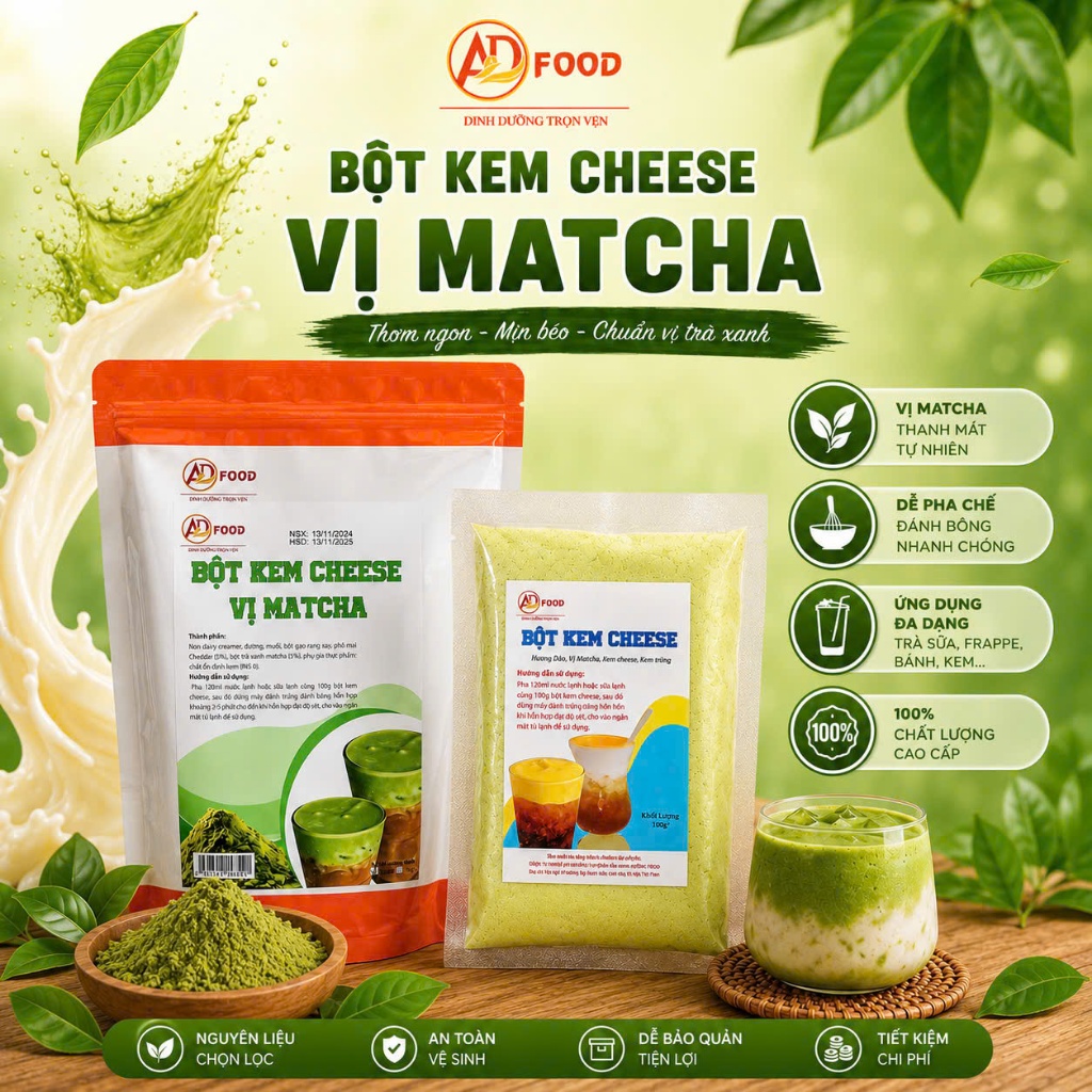 1kg Bột kem cheese Matcha ADFOOD- làm topping đồ uống, topping cream bột  milk foam muối biển