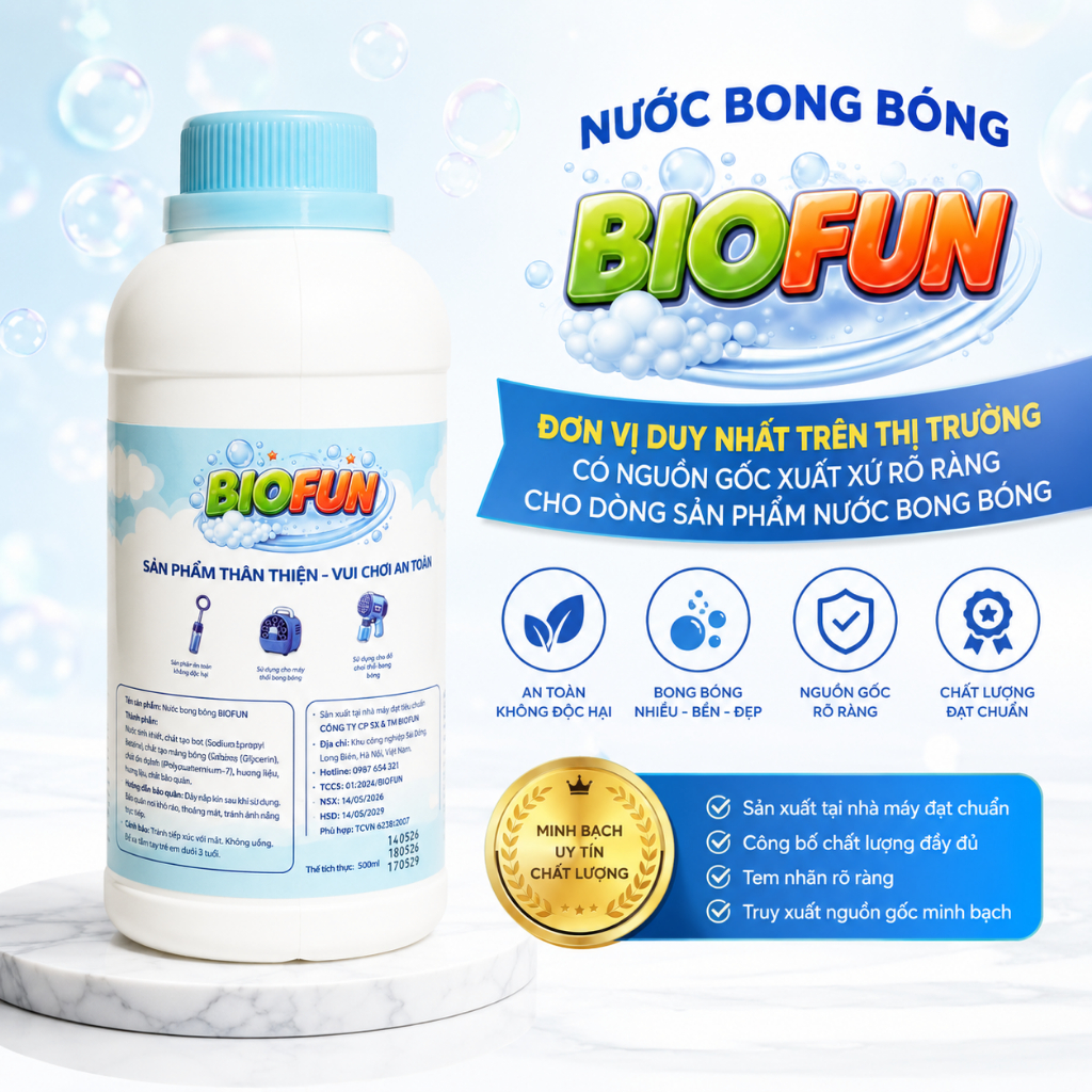 Nước thổi bong bóng xà phòng sinh học Biofun 500ml an toàn cho bé sử dụng cho mọi loại súng máy que thổi bubble
