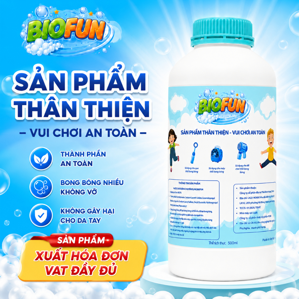 Nước thổi bong bóng xà phòng sinh học Biofun 500ml an toàn cho bé sử dụng cho mọi loại súng máy que thổi bubble