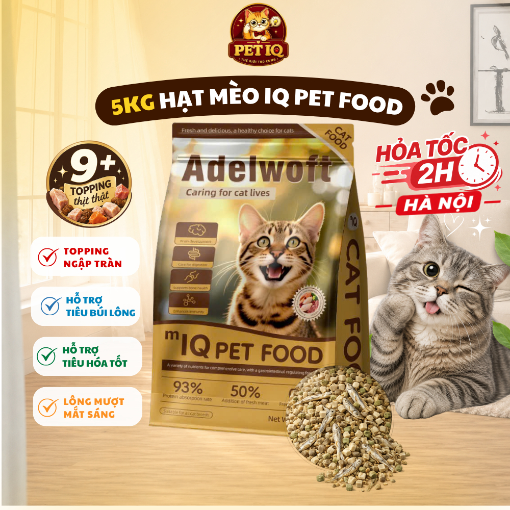 [TÚI 5KG] Hạt Cho Mèo Adelwolf IQ Pet Food 5kg Topping Thịt Cá Tươi Hỗ Trợ Tiêu Hóa Tốt, Lông Mượt, Phát Triển Trí Não