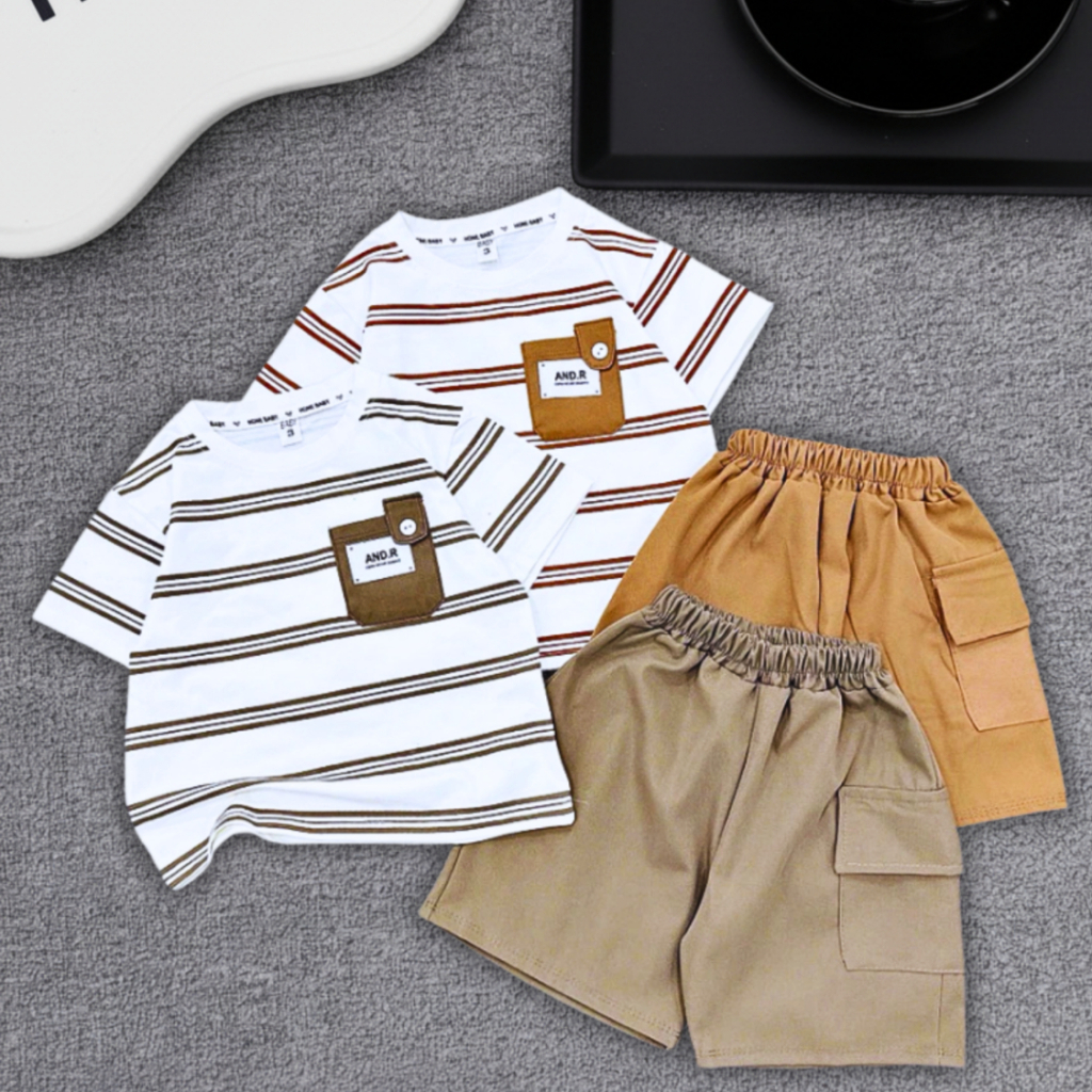Bộ Quần Áo Bé Trai Cộc Tay Phong Cách Hàn dễ thương,áo kẻ ngang có túi,quần kaki mềm cho bé trai. Set bộ bé trai Gumiho