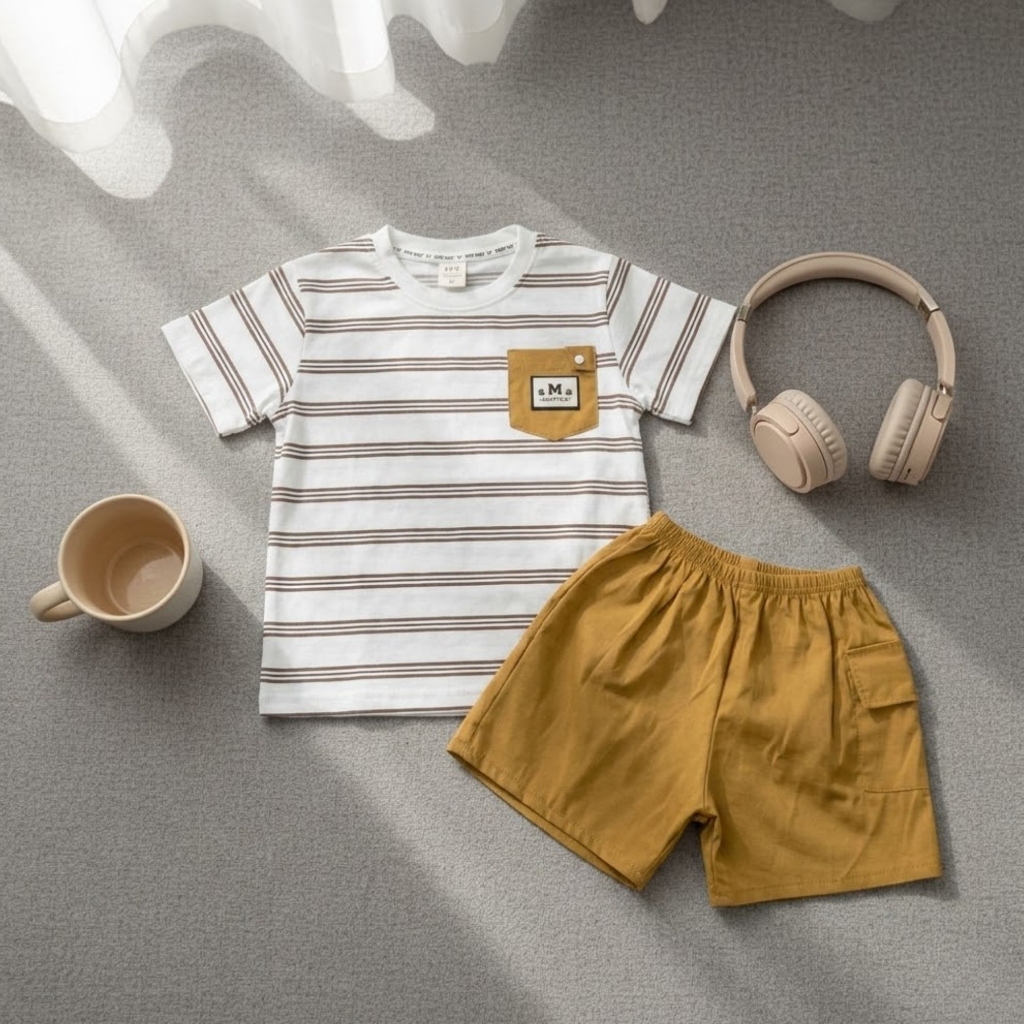 Bộ Quần Áo Bé Trai Cộc Tay Phong Cách Hàn dễ thương,áo kẻ ngang có túi,quần kaki mềm cho bé trai. Set bộ bé trai Gumiho