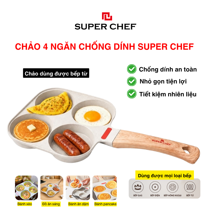 Chảo Chiên Trứng 4 Ngăn Làm Bánh Mini Super Chef Chảo Đổ Bánh Xèo Đa Năng Dùng Được Mọi Loại Bếp