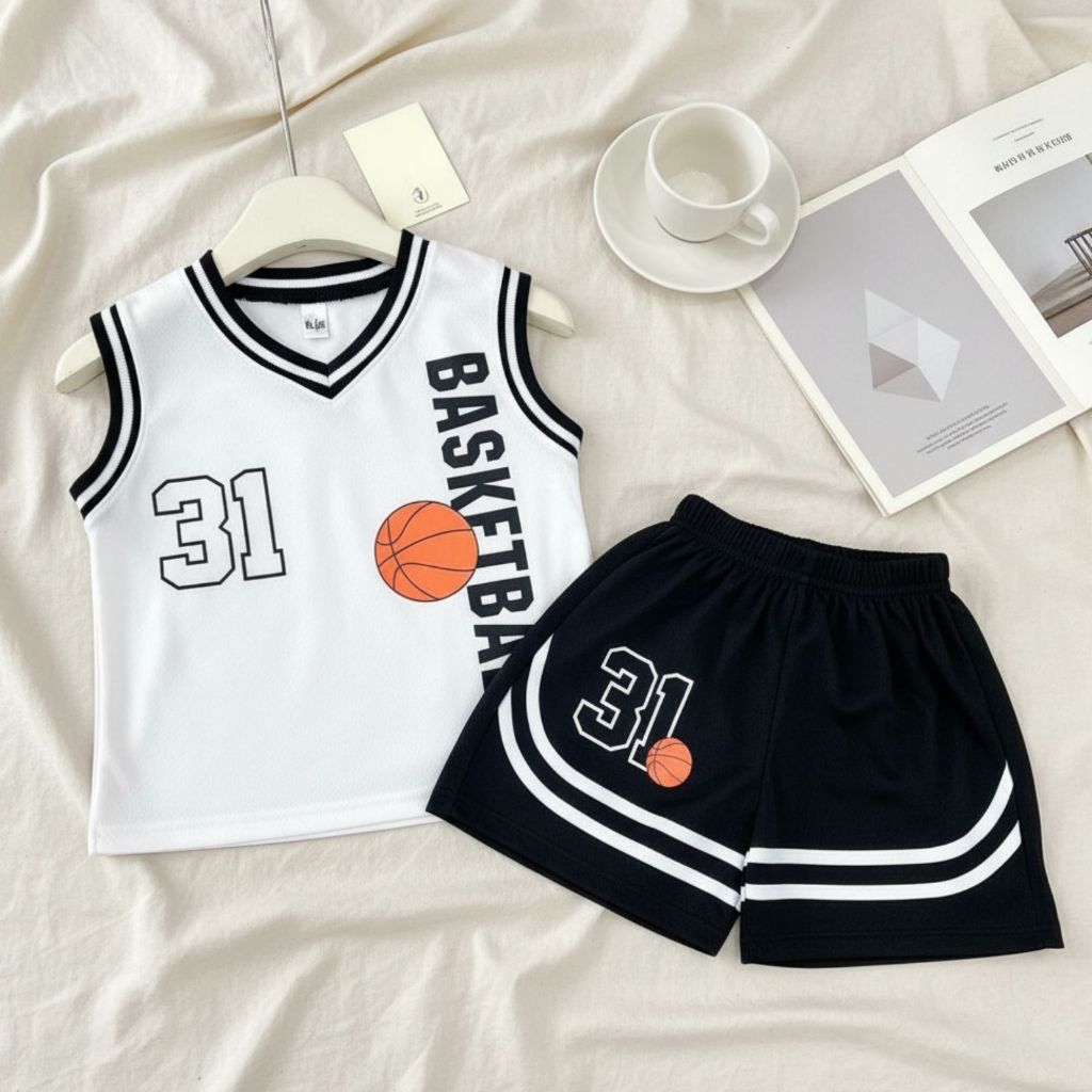 Bộ Quần Áo Thể Thao Bóng Rổ Cho Bé Trai Bé Gái Gumiho Kids - Set Ba Lỗ Sát Nách Vải Thun Lưới Mè Mát Lạnh In Số 31 Baske