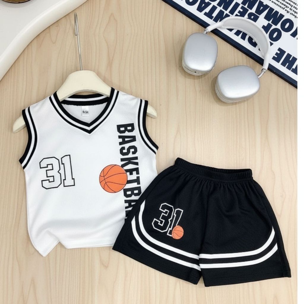 Bộ Quần Áo Thể Thao Bóng Rổ Cho Bé Trai Bé Gái Gumiho Kids - Set Ba Lỗ Sát Nách Vải Thun Lưới Mè Mát Lạnh In Số 31 Baske