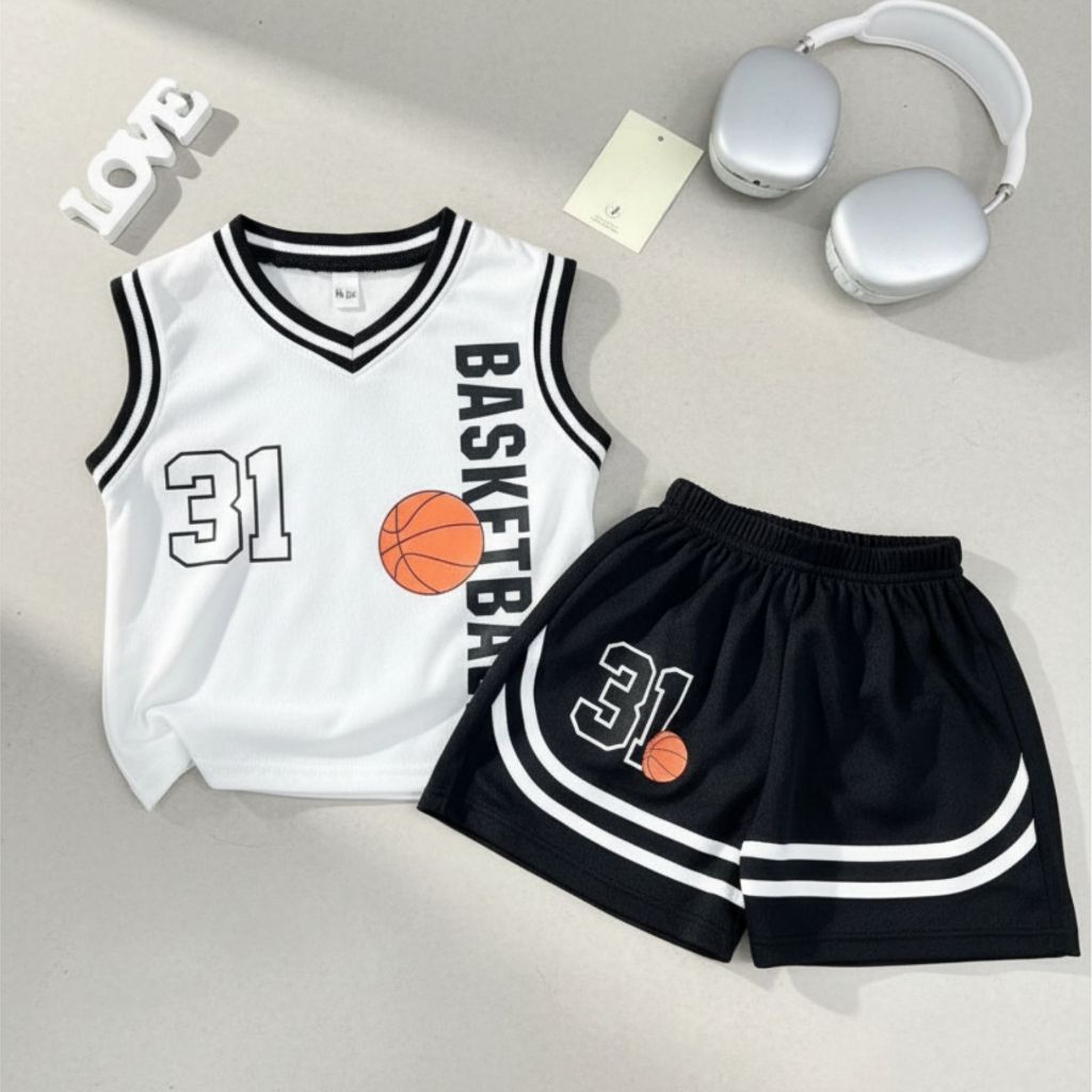 Bộ Quần Áo Thể Thao Bóng Rổ Cho Bé Trai Bé Gái Gumiho Kids - Set Ba Lỗ Sát Nách Vải Thun Lưới Mè Mát Lạnh In Số 31 Baske