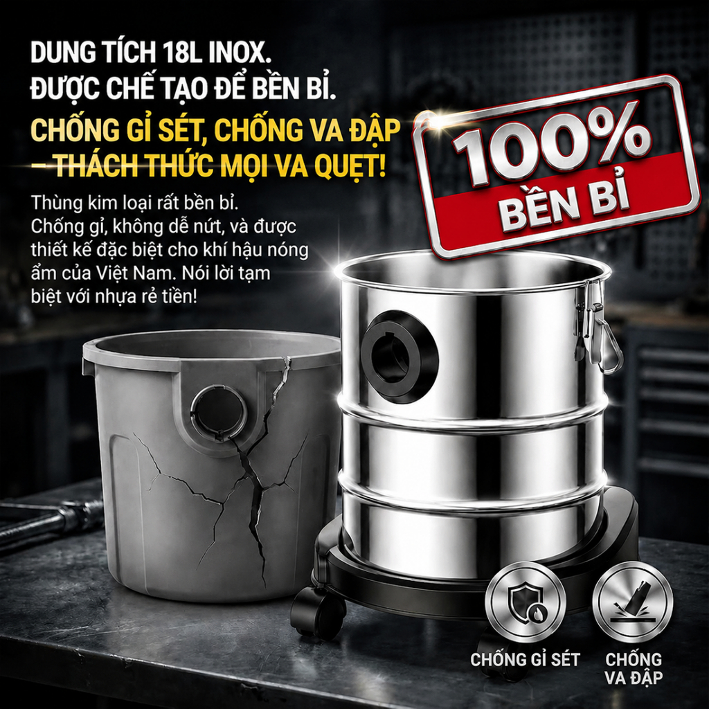 Tixx Máy hút bụi 18L 650W máy hút bụi chân không Thùng inox bền bỉ Lực hút mạnh mẽ