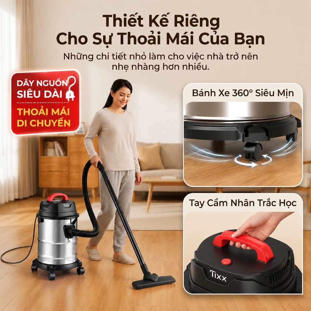 Tixx Máy hút bụi 18L 650W máy hút bụi chân không Thùng inox bền bỉ Lực hút mạnh mẽ
