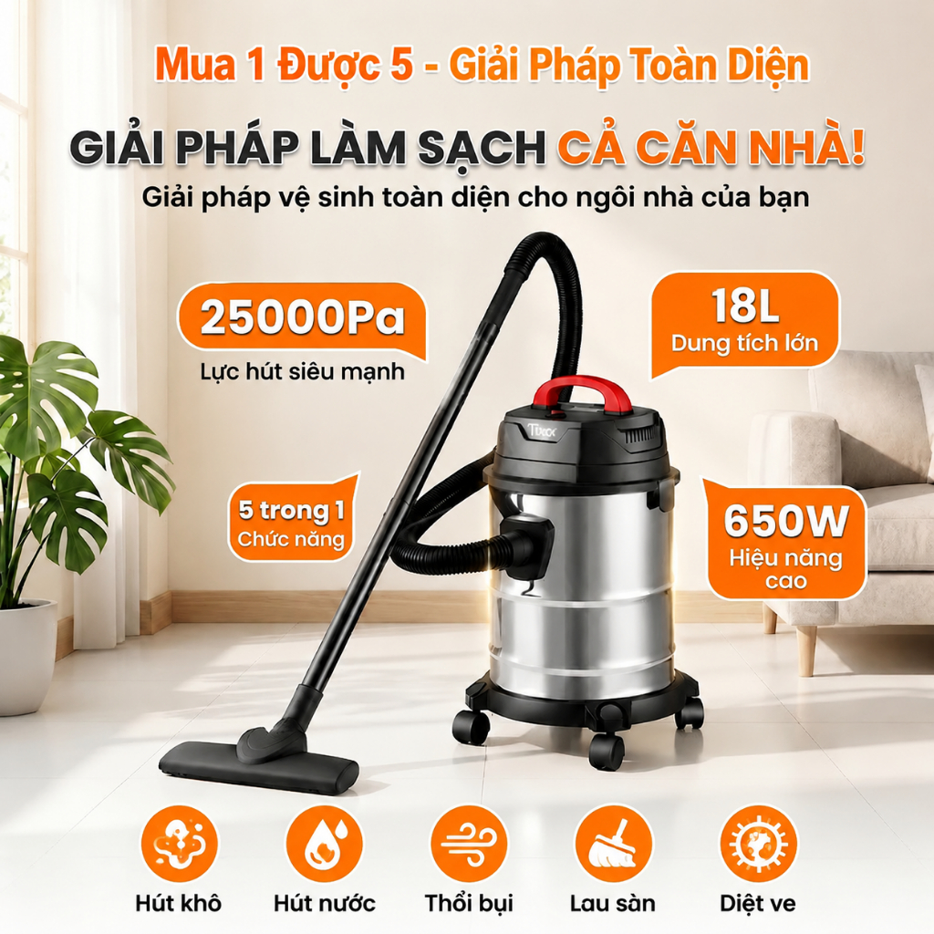 Tixx Máy hút bụi 18L 650W máy hút bụi chân không Thùng inox bền bỉ Lực hút mạnh mẽ