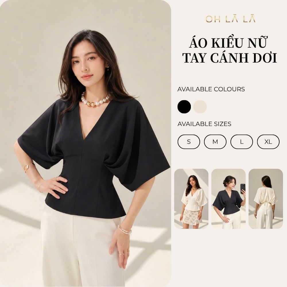[ Deal Mở Bán ] Áo Kiểu Nữ Cổ V Phối Tay Cánh Dơi Chất Vải Mango A027
