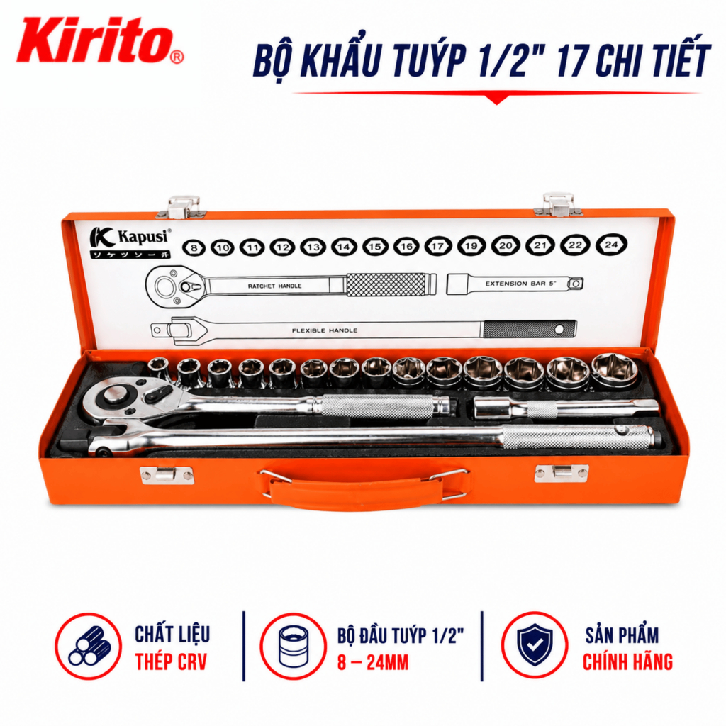 Bộ Khẩu Tuýp Kapusi Japan K9822 17 Chi Tiết 1/2 Inch, Bộ Típ Đầu Tuýp 8-24mm Thép CRV Cao Cấp
