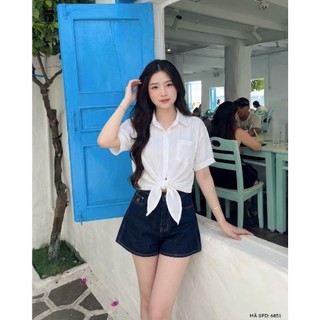 Áo Sơ Mi Nữ Ngắn Tay, Buộc Vạt Trước, Form Rộng, Áo Sơ Mi Croptop Đi Biển, Đi Du Lịch