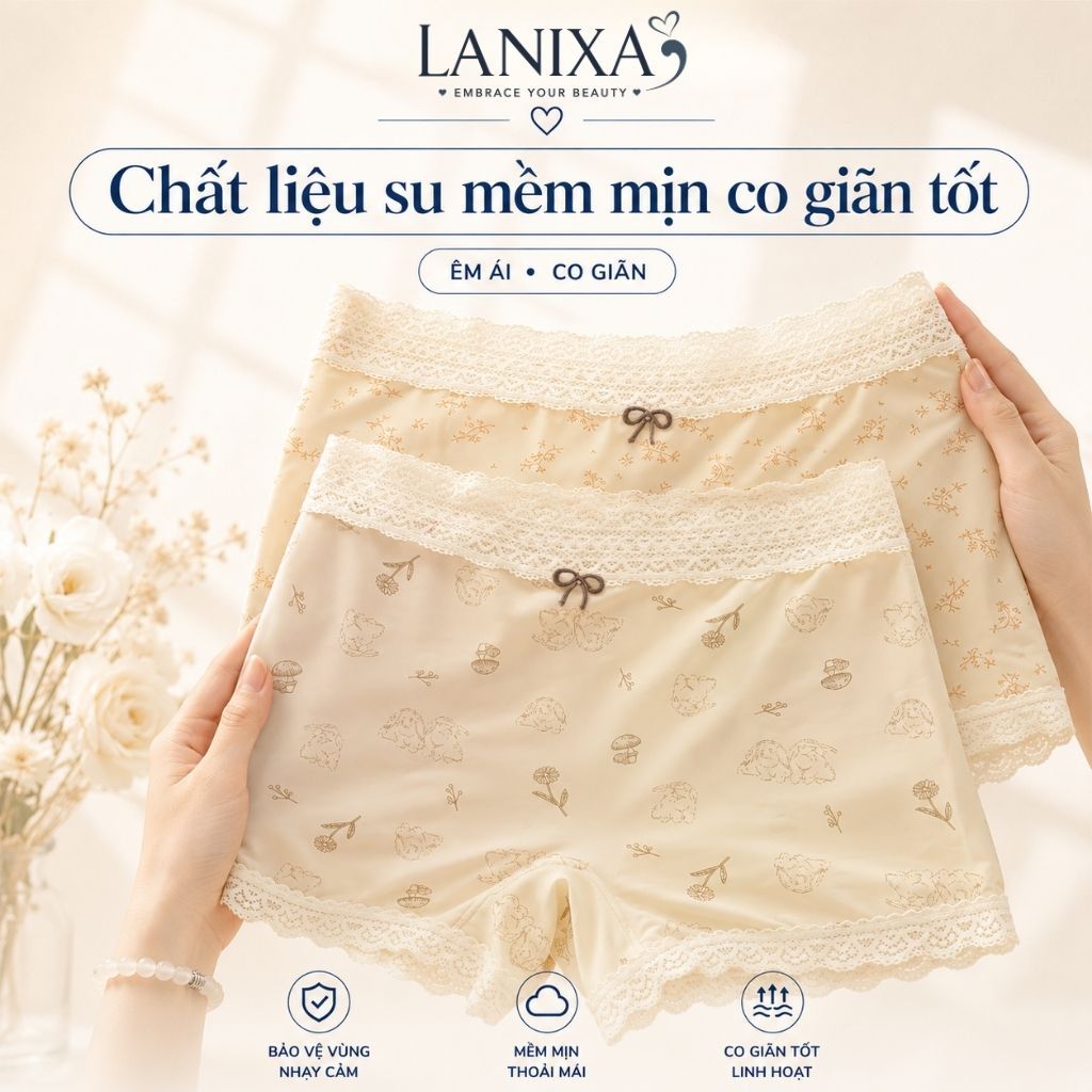 Quần Lót Nữ Dáng Đùi Ôm Mông Chất Su Mềm Mịn, Quần Boxer Nữ Đáy May 2 Lớp Kháng Khuẩn LANIXA L6448