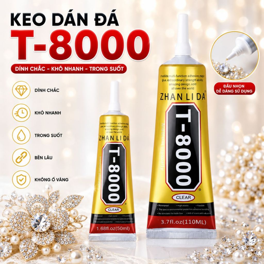 Keo dán T8000 khô nhanh đính đá dán kim loại thủy tinh nhựa giấy cao su 50ml 110ml