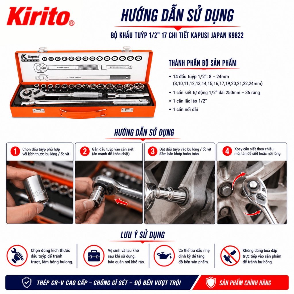 Bộ Khẩu Tuýp Kapusi Japan K9822 17 Chi Tiết 1/2 Inch, Bộ Típ Đầu Tuýp 8-24mm Thép CRV Cao Cấp