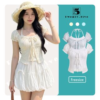 Set Áo Kiểu Nữ Twentyfive Thiết Kế Giả 2 Lớp, Cổ Yếm, Viền Bèo Tay Bồng Phối Chân Váy Bí Tôn Dáng Điệu Đà 7276 - 7278