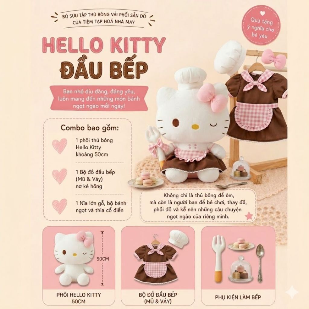 Gấu Bông Hello Kitty Trang Phục Đầu Bếp Bánh Ngọt Đáng Yêu, Thú Nhồi Bông Hello Kitty Cao Cấp Quà Tặng Cho Bé, Bạn Gái